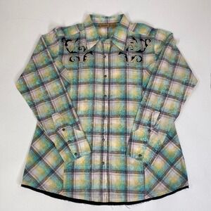 Wrangler Women's Western Pearl‎ Snap Plaid Shirt Long Sleeve XL